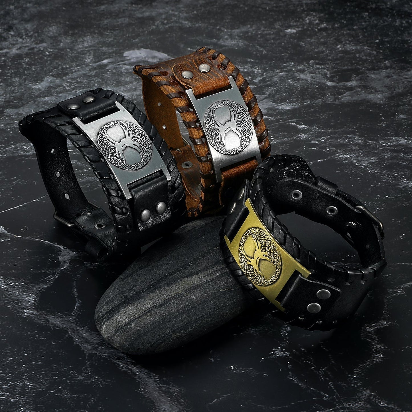 Nordic Pride Leather Buckle Arm Cuff With Metal Celtic Tree of Life Design