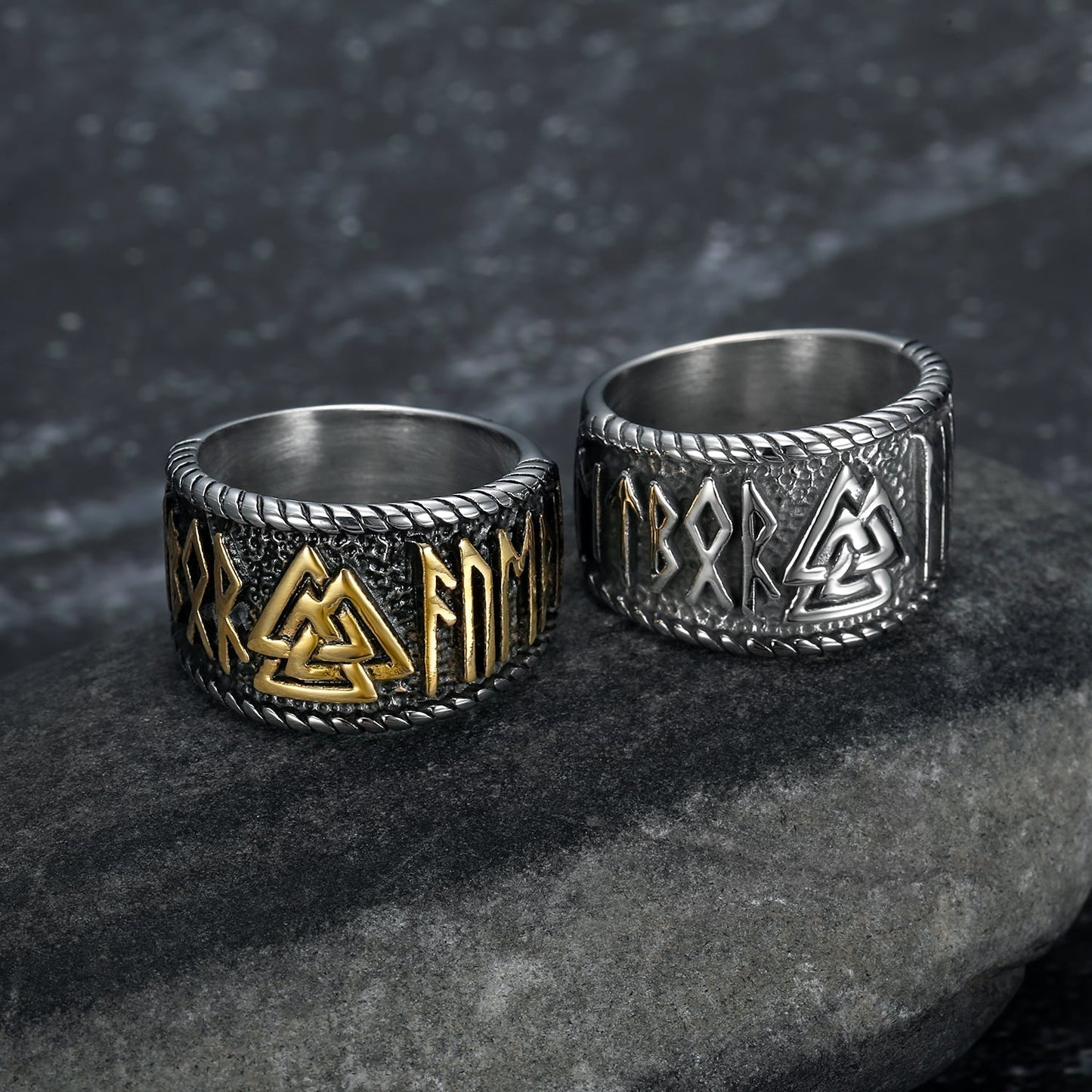 Nordic Pride Handcrafted Stainless Steel Valknut Symbol and Rune Ring