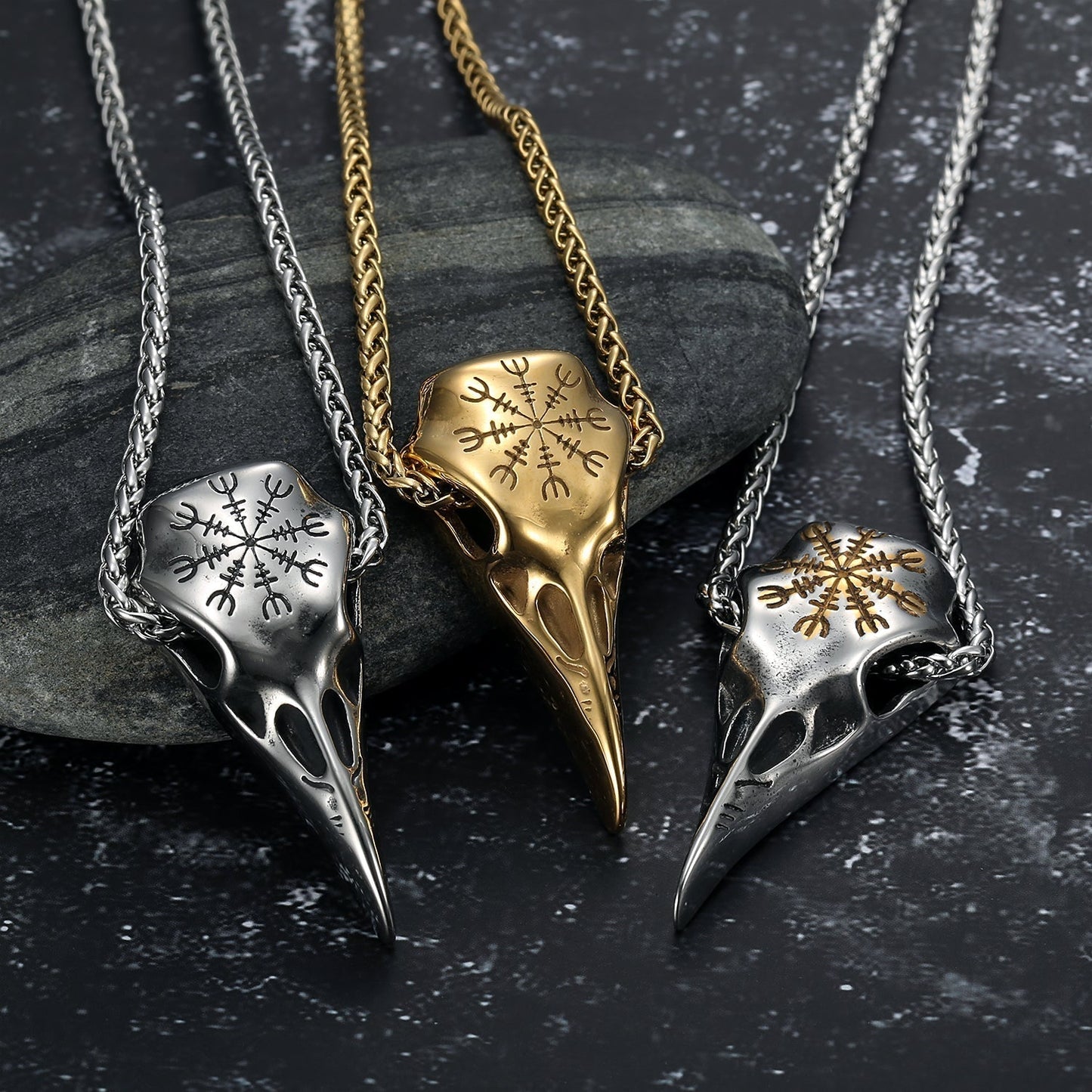 Nordic Pride Gold & Silver Handcrafted Stainless Steel Raven Skull and Helm of Terror Pendant