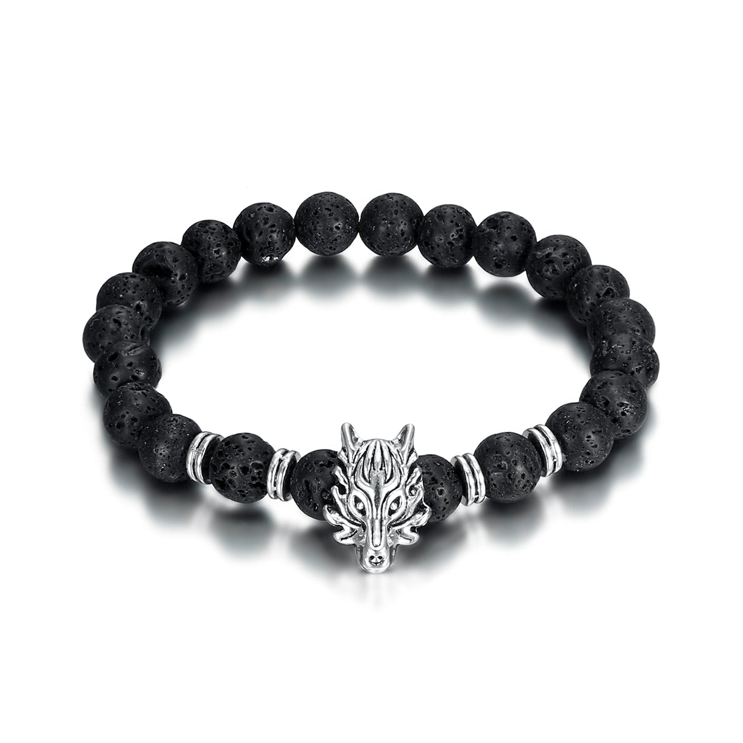Nordic Pride Grey Wolf  Head and Lava Stone Bracelet