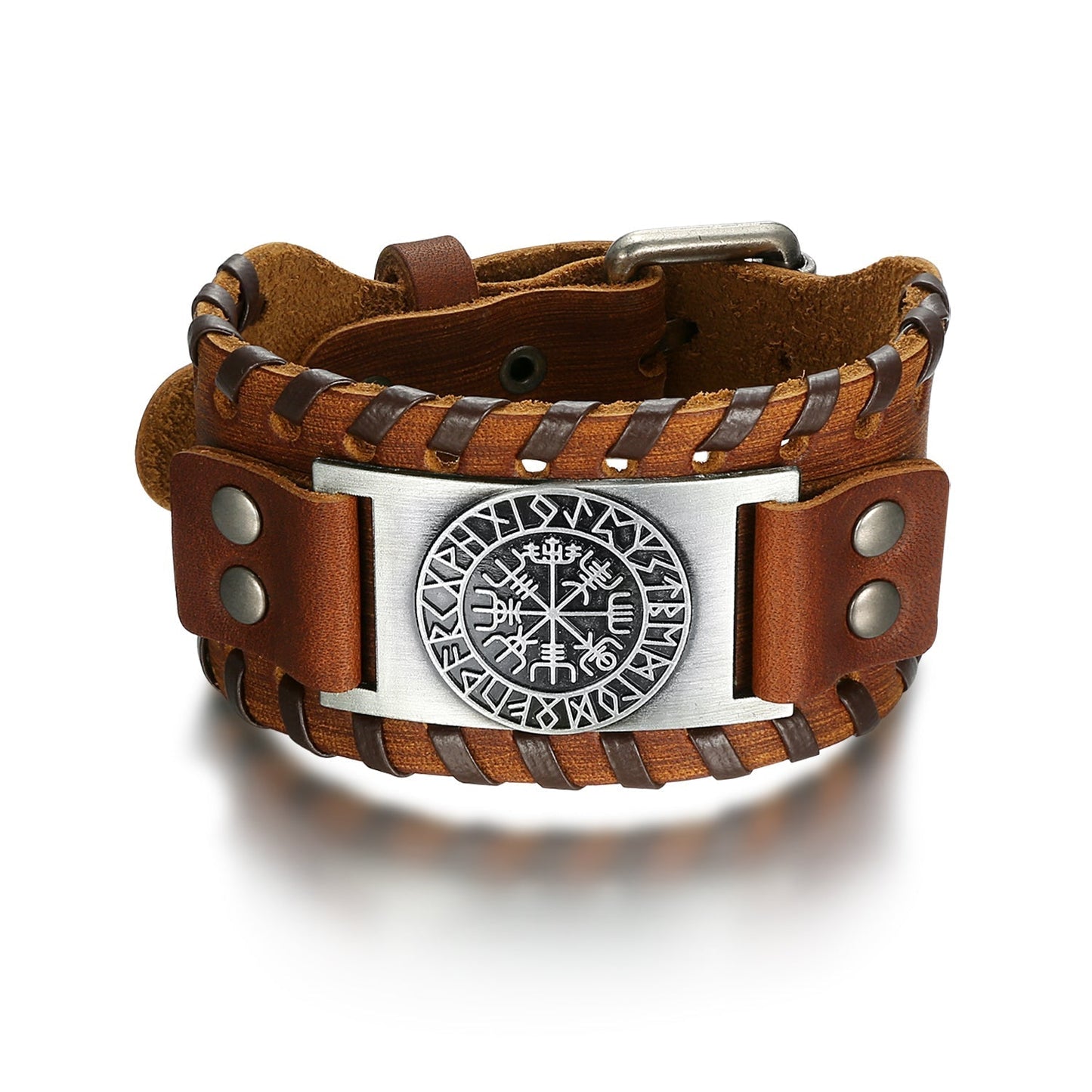 Nordic Pride Leather Buckle Arm Cuff With Metal Icelandic Stave Design