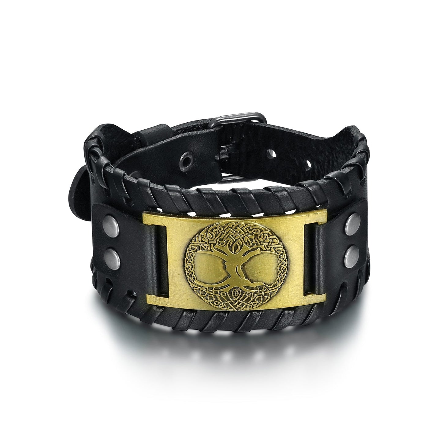 Nordic Pride Leather Buckle Arm Cuff With Metal Celtic Tree of Life Design