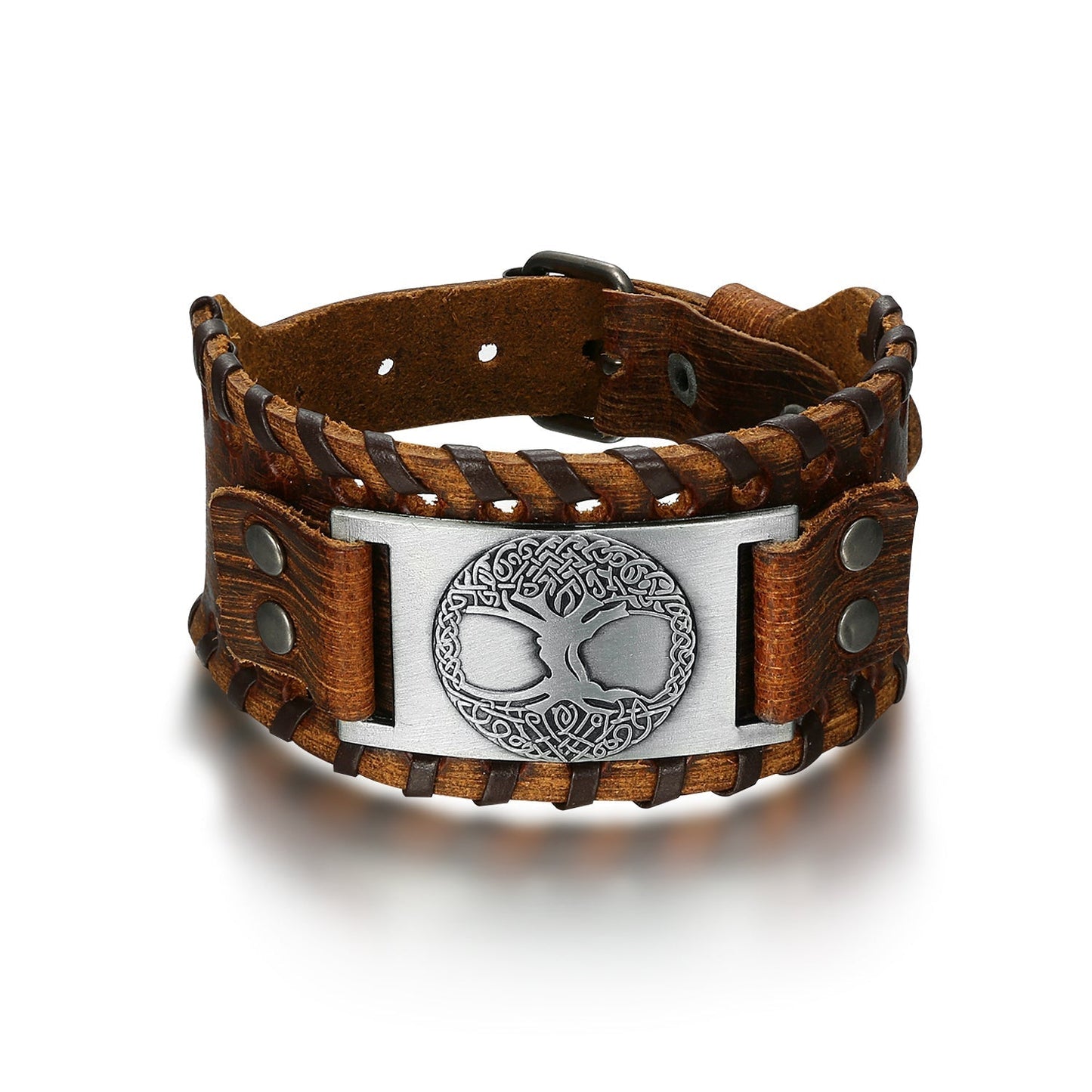 Nordic Pride Leather Buckle Arm Cuff With Metal Celtic Tree of Life Design