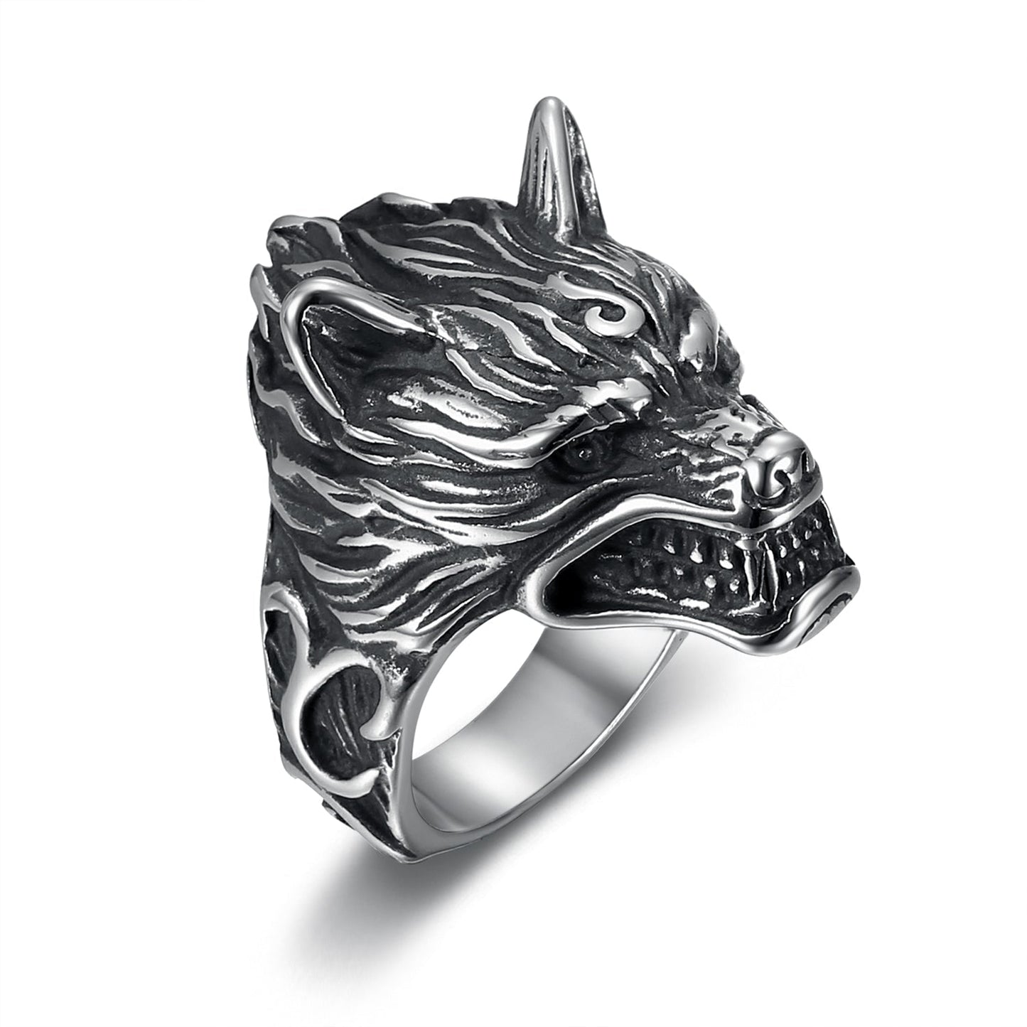 Nordic Pride Handcrafted Stainless Steel Grey Wolf  Head Biker Ring