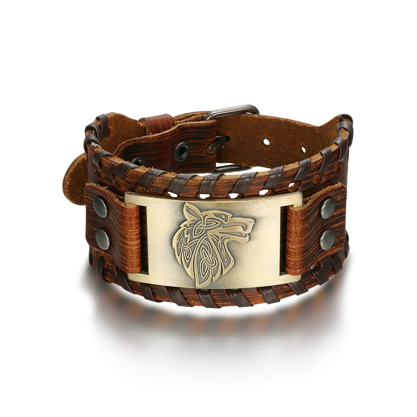 Nordic Pride Leather Buckle Arm Cuff With Fenrir Design