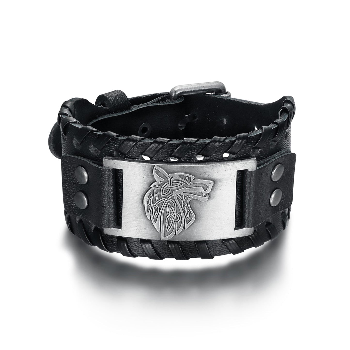 Nordic Pride Leather Buckle Arm Cuff With Fenrir Design