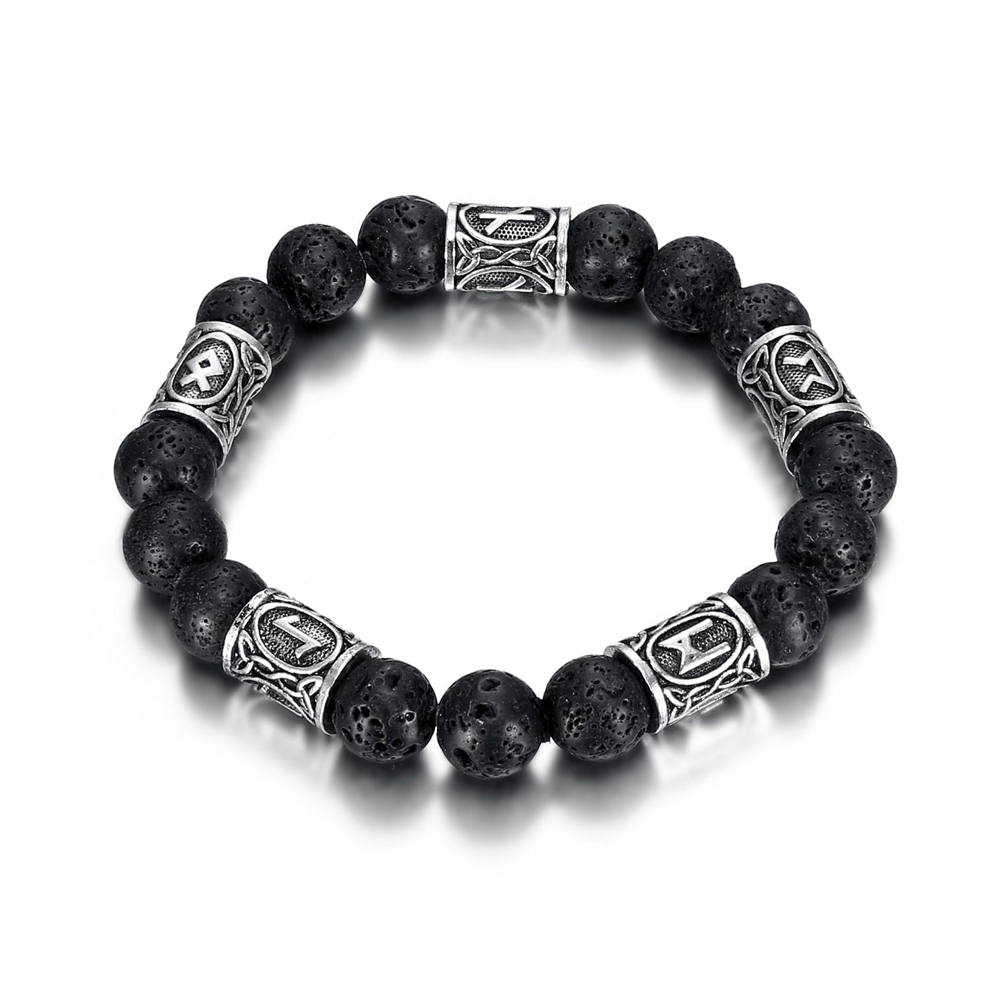 Nordic Pride Silver Rune and Black Lava Stone Bracelet