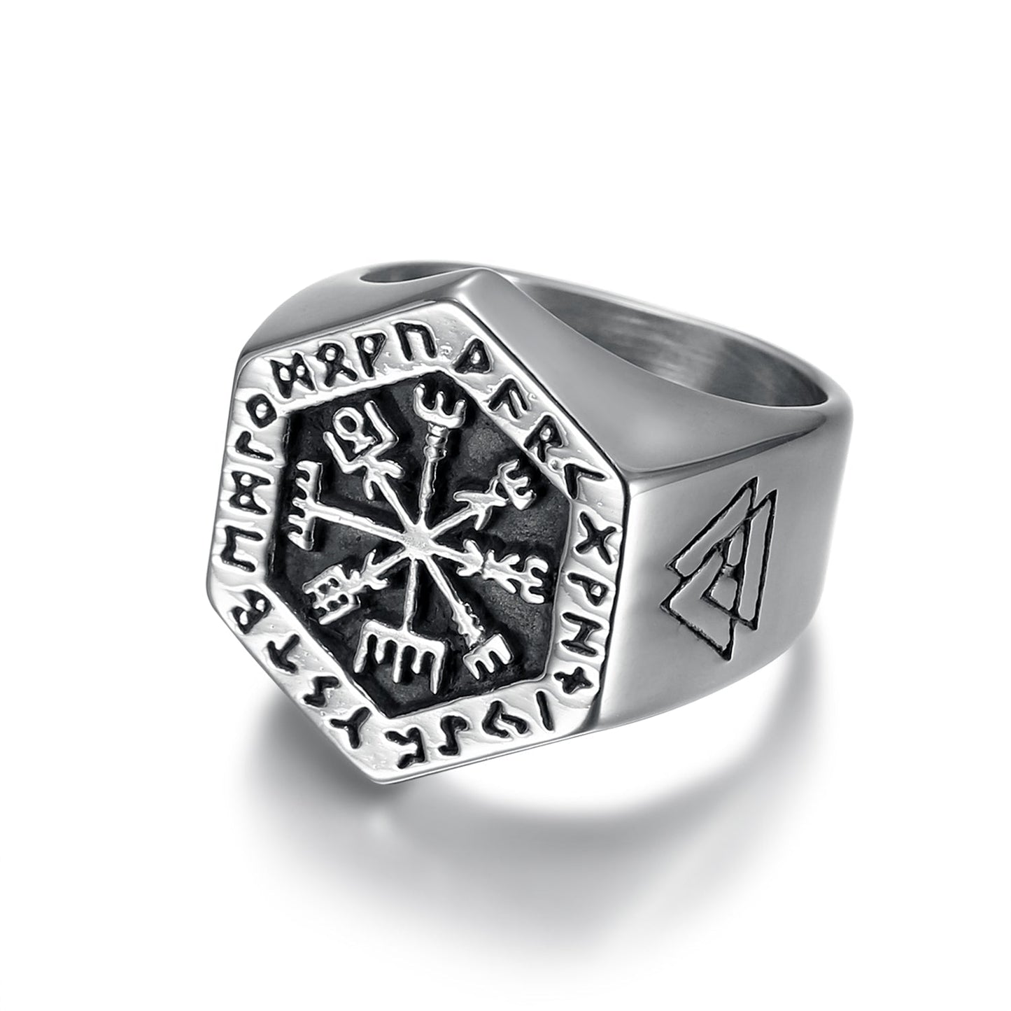 Nordic Pride Handcrafted Stainless Steel Hexagonal Icelandic Stave & Valknut Symbol Rune Ring