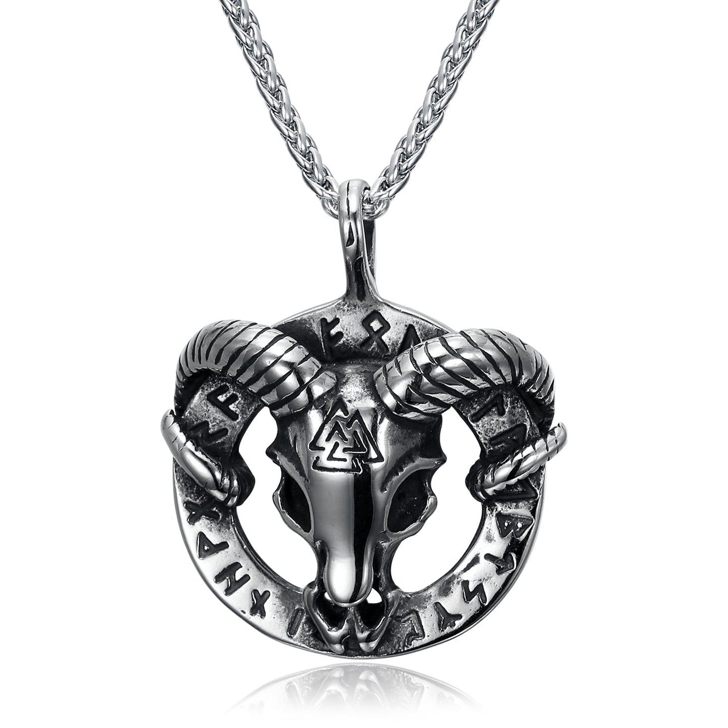 Nordic Pride Handcrafted Stainless Steel Goat Head Pendant & Chain with Valknut Symbol and Runes