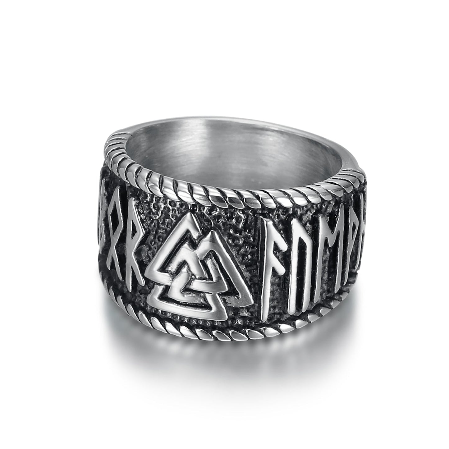 Nordic Pride Handcrafted Stainless Steel Valknut Symbol and Rune Ring