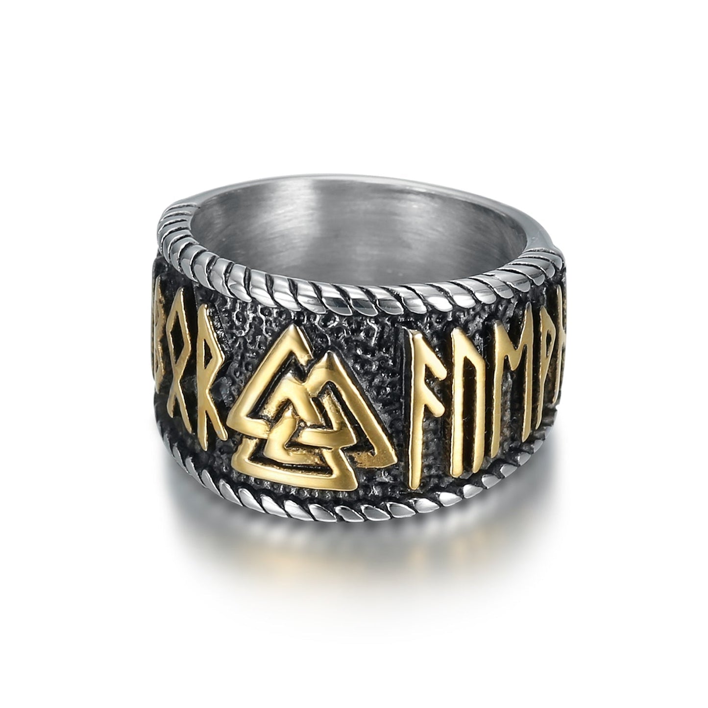 Nordic Pride Handcrafted Stainless Steel Valknut Symbol and Rune Ring