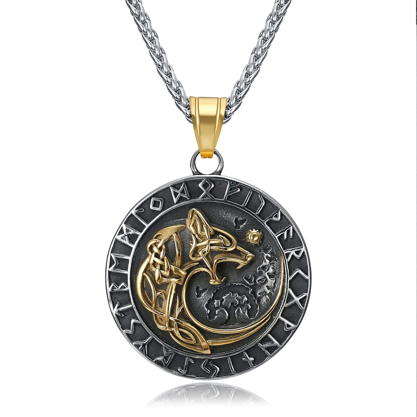 Nordic Pride Dual Colored Handcrafted Stainless Steel Circular Fenrir Pendant & Chain