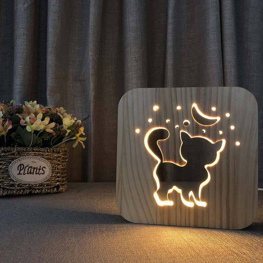 Moon Kitten Wooden Decorative Light