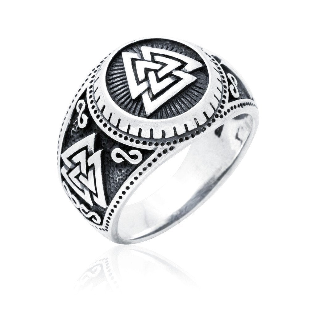 Nordic Pride Sterling Silver Triple Valknut Symbol Signet Ring