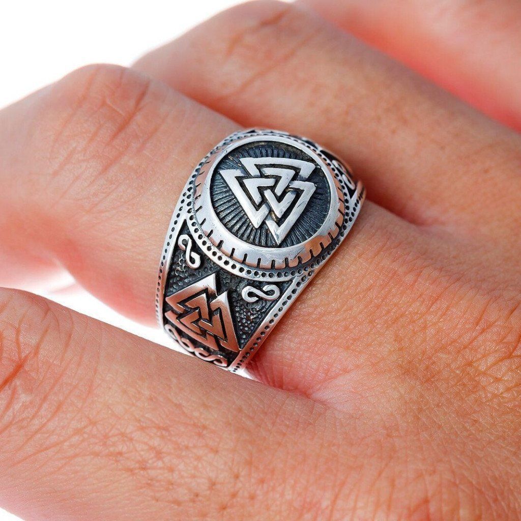 Nordic Pride Sterling Silver Triple Valknut Symbol Signet Ring