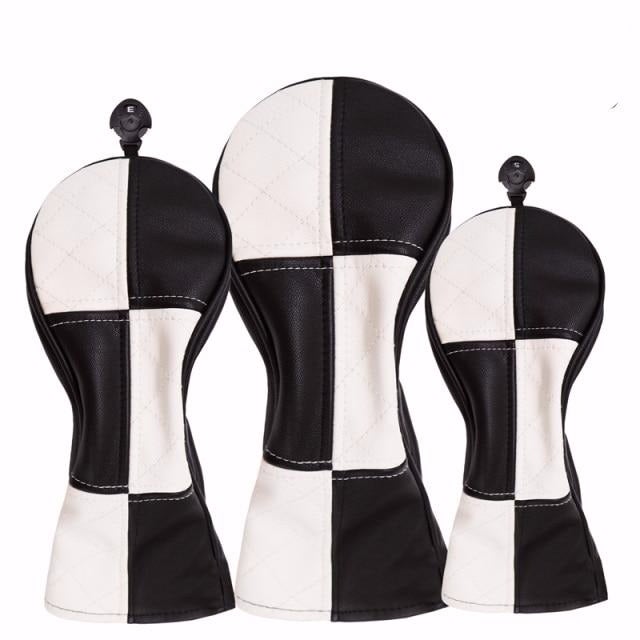 Reginald Golf Black And White Checker Woods Clubhead Covers Full Set (One Driver, One Fairway Wood, One Hybrid)